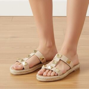 Maypol Flat Leather Sandals Espadrille Beige Cream Gold Studs Sz EU38 Spain Boho